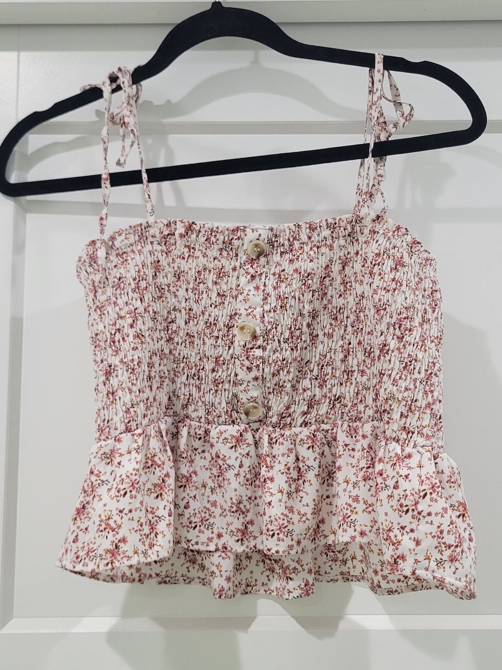 Paper Crane Ditsy Floral Smocked Crop Top Tie Straps Pink Cream Large